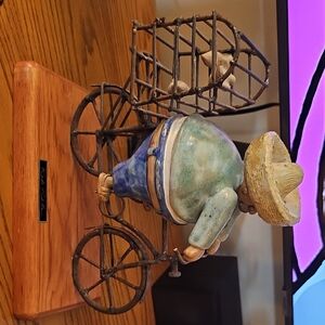 Rustic Cyclist Rodo Padilla Sculpture in Blue and Cream
